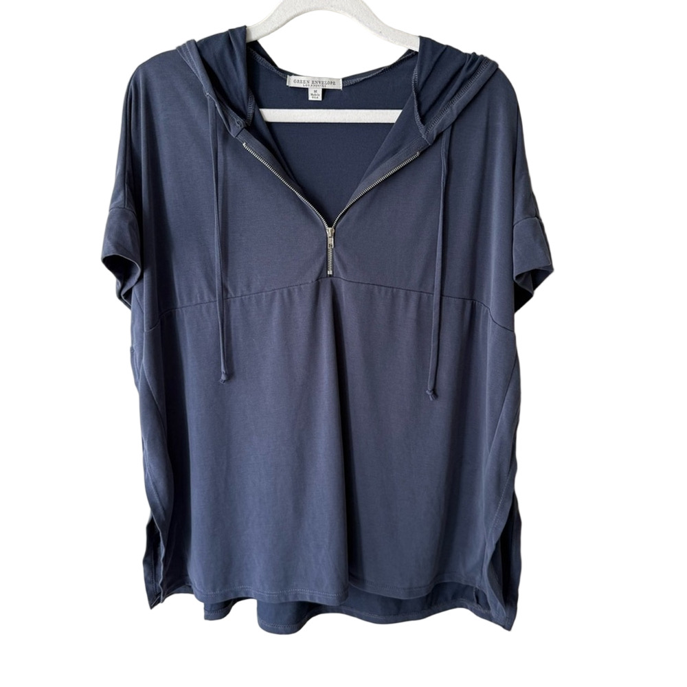 Green Envelope Blue Zippered Relaxed Tee Hoodie Side Slits Size M